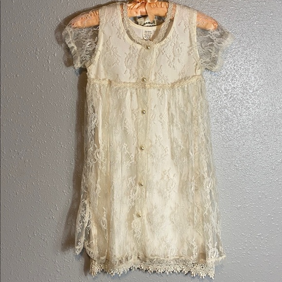 Elena Collection Other - Vintage Elena Collection Ivory Lace Dress – Pearl Button Sheer Overlay Over Slip